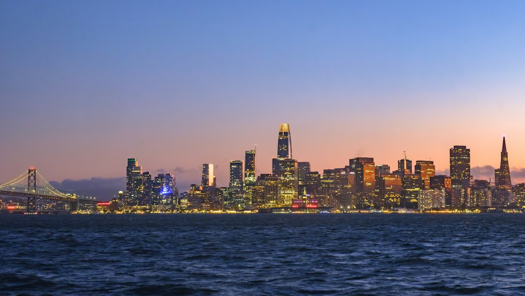 San Francisco skyline and Bay Bridge at golden hour