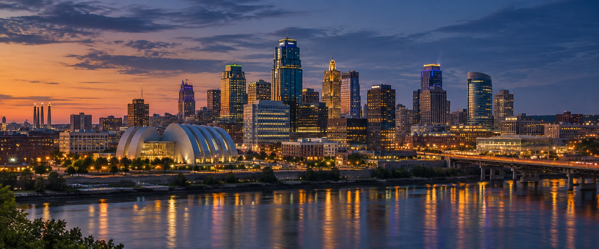Kansas City skyline at dusk with the Kauffman Center for the Performing Arts